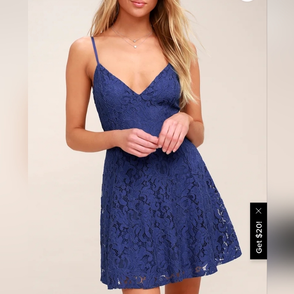 Lulu’s Magnolia Blossom Medium Blue Lace Skater Dress